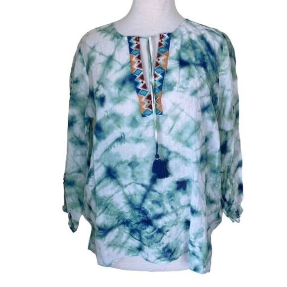 JOHNNY WAS Workshop JADE MARBLE PEASANT BLOUSE NWT Tie Dye  Size Small - Picture 1 of 12